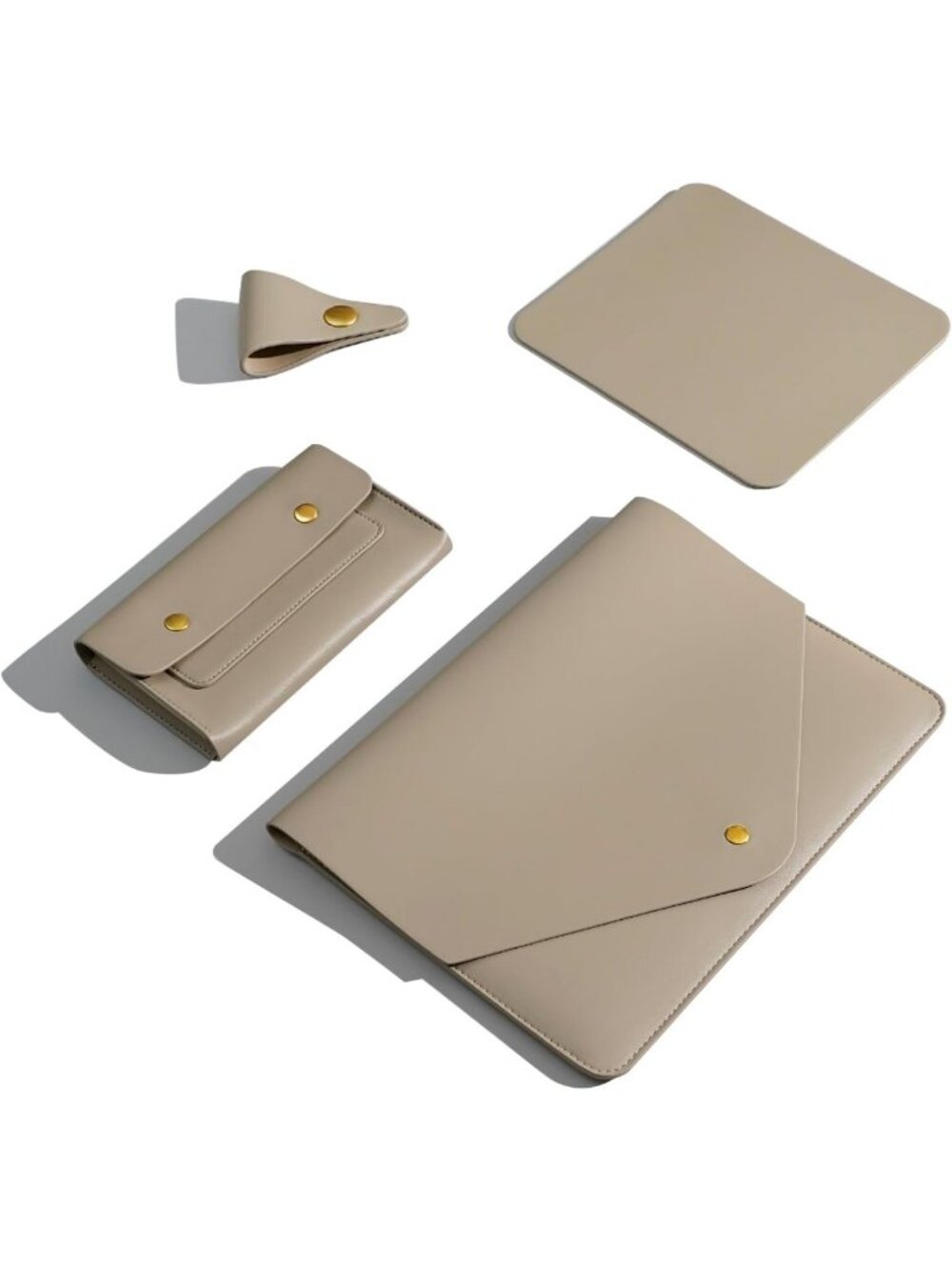 Stylish Khaki PU Leather Laptop Sleeve 16" with Pouch, Mouse Pad & Cord
